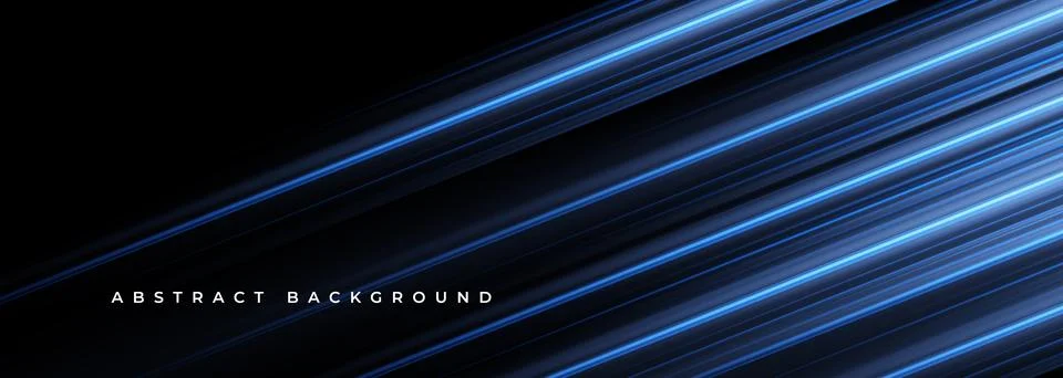 Black wide abstract horizontal technology banner with blue neon diagonal lines. Stock Illustration