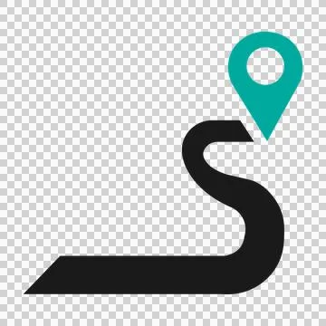 Black winding road path icon with a teal map location pin marker isolated Stock Illustration