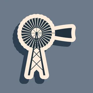 Black Windmill icon isolated on grey background. Long shadow style. Vector Illustrazione stock