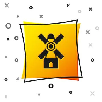 Black Windmill icon isolated on white background. Yellow square button. Vector Stock Illustration