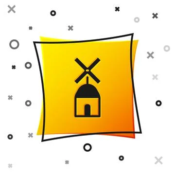 Black Windmill icon isolated on white background. Yellow square button. Vector Stock Illustration