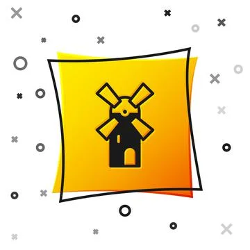 Black Windmill icon isolated on white background. Yellow square button. Vector Stock Illustration