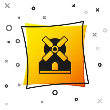 Black Windmill icon isolated on white background. Yellow square button. Vector Illustrazione stock