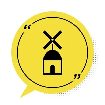 Black Windmill icon isolated on white background. Yellow speech bubble symbol Stock Illustration