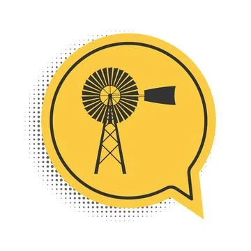 Black Windmill icon isolated on white background. Yellow speech bubble symbol Stock Illustration