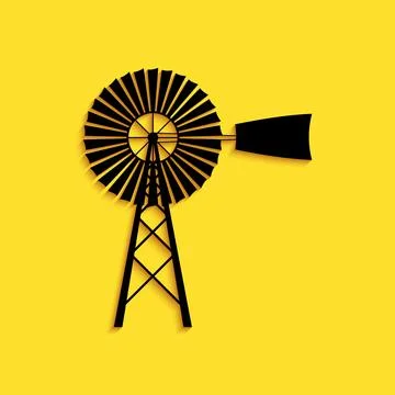 Black Windmill icon isolated on yellow background. Long shadow style. Vector Illustrazione stock