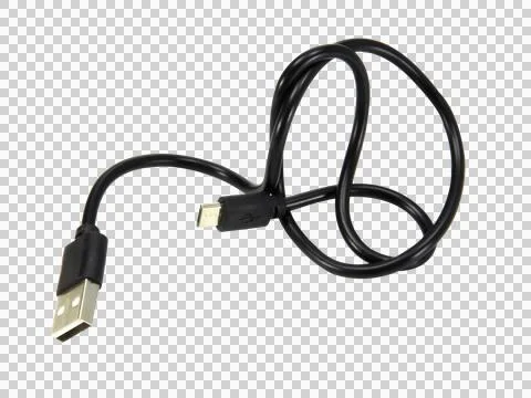 Black wire cable of usb and adapter isolated on white background.Electronic C Stock Photos