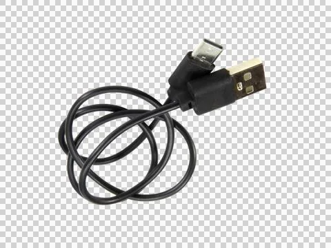 Black wire cable of usb and adapter isolated on white background.Electronic C Stock Photos