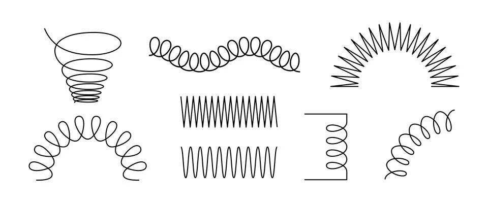 Black wire coil spring collection. Spiral spring set. Thin wire frames, zigzag Stock Illustration