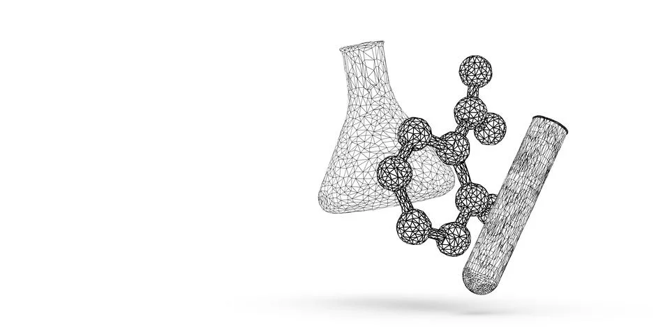 Black wireframe chemistry flask, test tube and molecule shape floating over.. Illustrazione stock