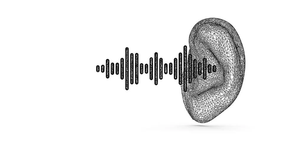 Black wireframe ear conch shape and sound wave lines on white background, h.. Stock Illustration