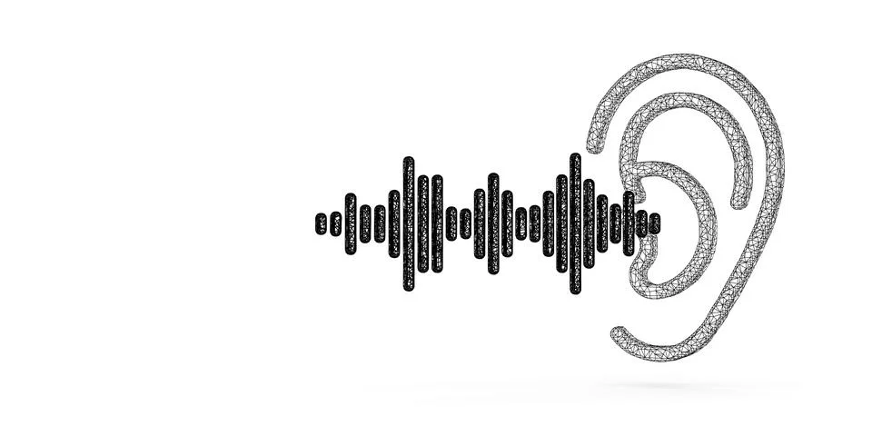 Black wireframe ear icon and abstract sound wave on white background, heari.. Stock Illustration