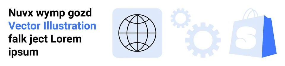 Black wireframe globe beside grey gear icons and a blue shopping bag with tex Stock Illustration