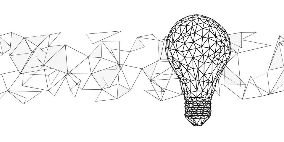 Black wireframe light bulb shape on white background with random mesh, inno.. Stock Illustration