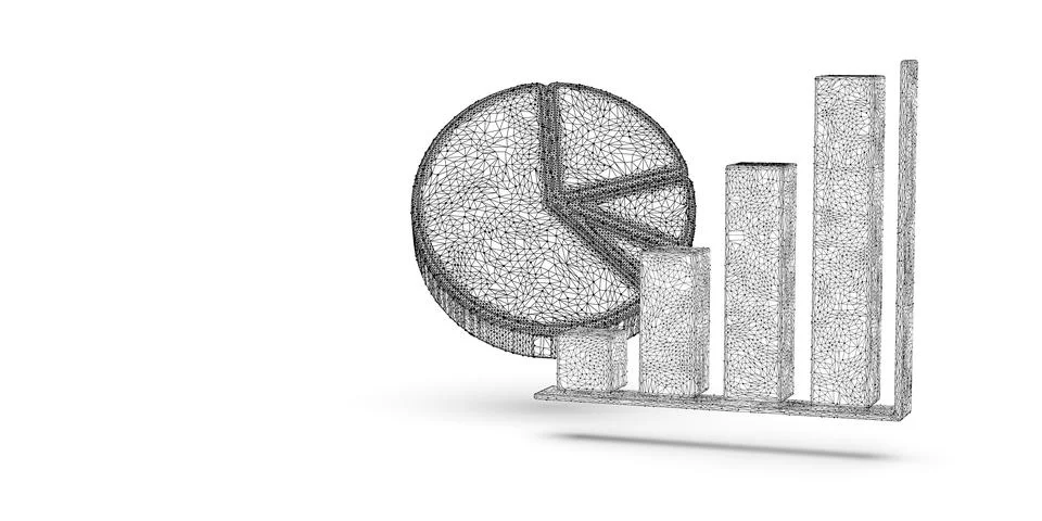Black wireframe rising bar graph and abstract pie chart diagram on white ba.. Stock Illustration
