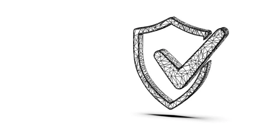Black wireframe shield outline with large checkmark overlay on white backgr.. Stock Illustration