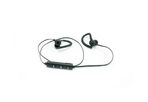 Black wireless earphone isolate on white background. Stock Photos