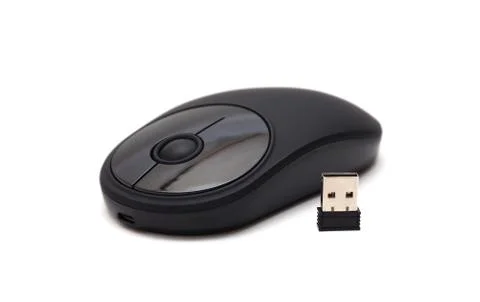 Black wireless mouse with adapter isolated on white background Foto stock