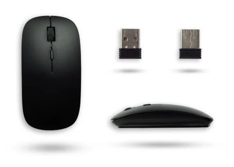 Black wireless mouse and USB wireless mouse transmitter. Stock Photos