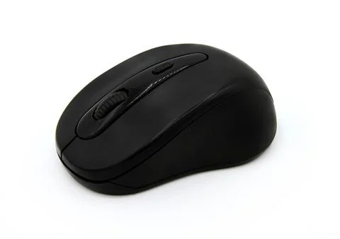 Black wireless or Bluetooth computer mouse isolated on white background Stock Photos