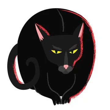 Black witch cat in cartoon flat style. Halloween creepy grumpy cat. Hellcat Stock Illustration