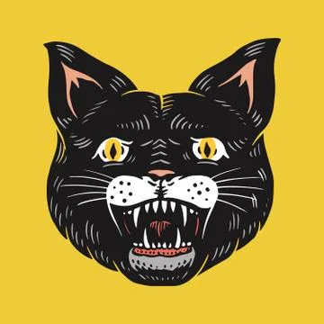 Black witch cat. Evil scary mystical animal. Halloween vector illustration. Hand Stock Illustration