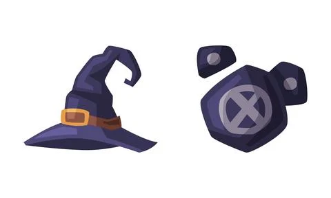 Black witch hat and magic stones. Witchcraft attributes, halloween objects 스톡 일러스트