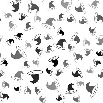 Black Witch hat icon isolated seamless pattern on white background. Happy Illustrazione stock