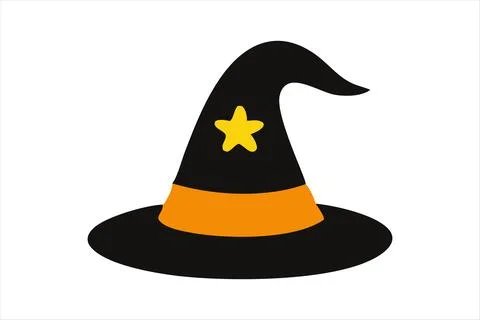 Black witch hat isolated on a white background. Wizard pointed hat. Concept of Stock Illustration