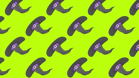 Black witch hats with purple bands rotate in synchronized rows on a lime green Stock Footage 341406367