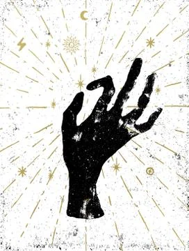 Black witch's hand with light rays and symbols of the elements of the cosmos Stock Illustration