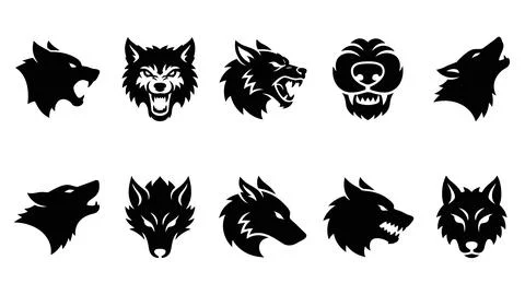 Black wolf head silhouettes with sharp teeth for animal logos, wild nature .. Stock Illustration