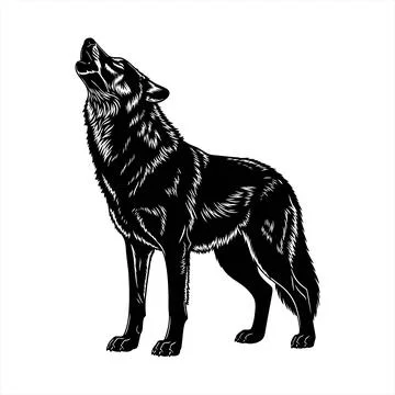 Black wolf standing and howling with detailed fur vector Stock Illustration