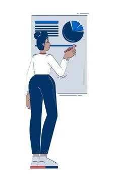 Black woman analyzing pie chart on presentation board 2D doodle character Stock Illustration