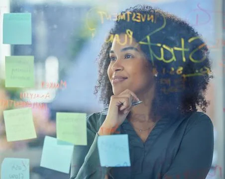 Black woman, business and brainstorming, board and postit notes with ideas for Stock Photos