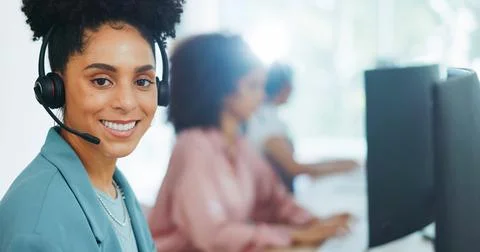 Black woman, call center and contact us with CRM and portrait in office with Stock Photos