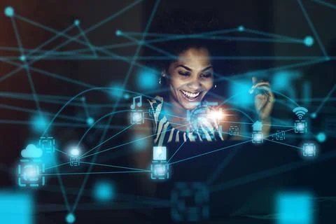 Black woman, cloud computing or hologram futuristic 5g UX tech for networking Stock Photos