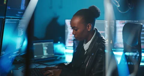 Black woman, computer and typing for cybersecurity at office, code or problem Stock Footage 309819786