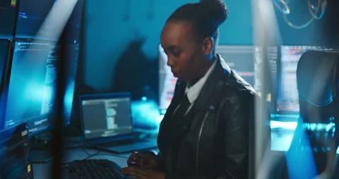 Black woman, computer screen and typing for cybersecurity at office, coding and Stock Footage 309825714