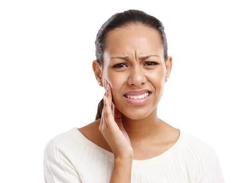 Black woman, face and toothache pain for dental care, mouth injury or medical Stock Photos