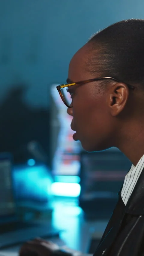 Black woman, glasses and programming with computer in office for research Stock Footage 333673701