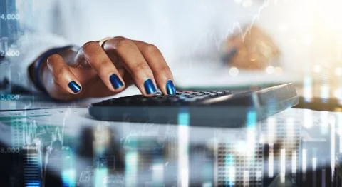 Black woman, hands and calculator for stock market hologram, forex trading and Stock Photos