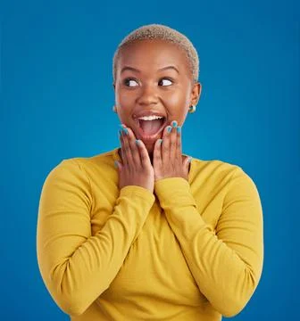 Black woman, happy and surprise face in studio for fashion, youth or Stock Photos