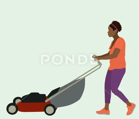 Black Woman Mowing Lawn Stock Illustration