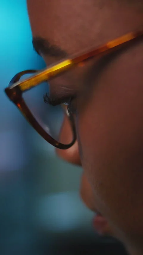 Black woman, night and developer with glasses in office for software development Stock Footage 333673036