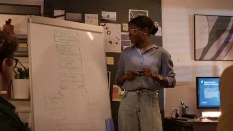 Black Woman Presenting Software Development Process on Whiteboard Stock Footage 336719536