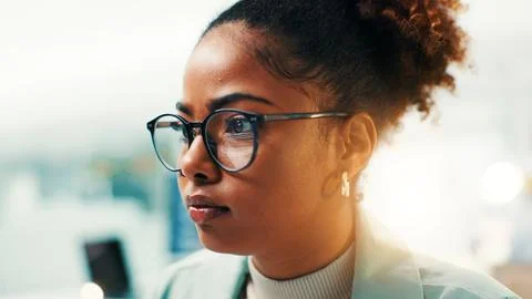Black woman, programmer and software developer with glasses for new app or Stock Photos