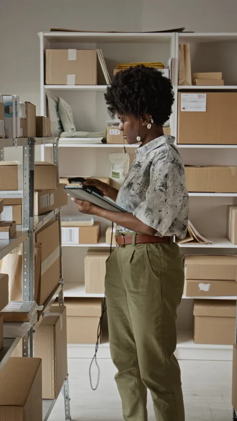 Black Woman Scanning Barcode on Box with Tablet in Small Business Stock Footage 342598701