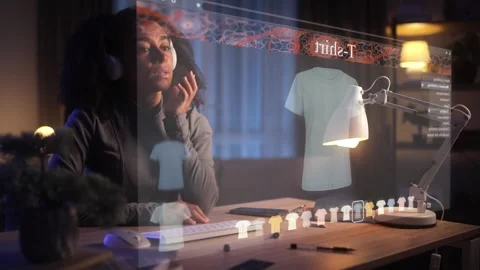 Black Woman Using Virtual Reality for Online Shopping. A Young Lady Chooses a T Stock Footage 279174053