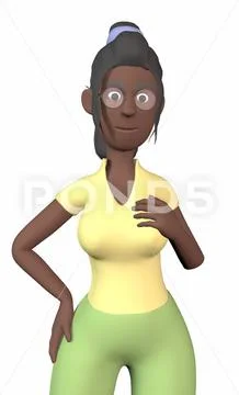 A black woman in a yellow shirt holds her breasts on a white background  3d-re: Royalty Free #217400998
